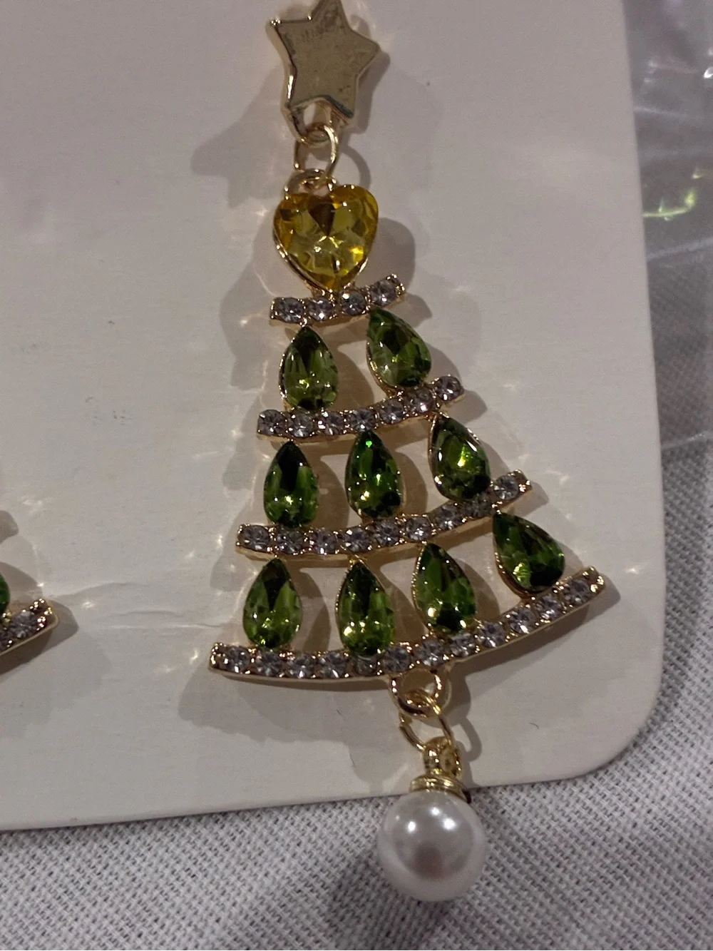 Christmas Tree Earrings with Pearls and Green Rhinestones
